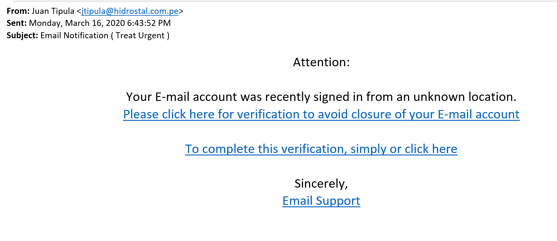 Phishing Email Example Email Notification ( Treat Urgent ) University IT